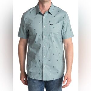 VOLCOM Shirt Mens XL Blue Geometric Button Up Short Sleeve Modern Fit Casual
